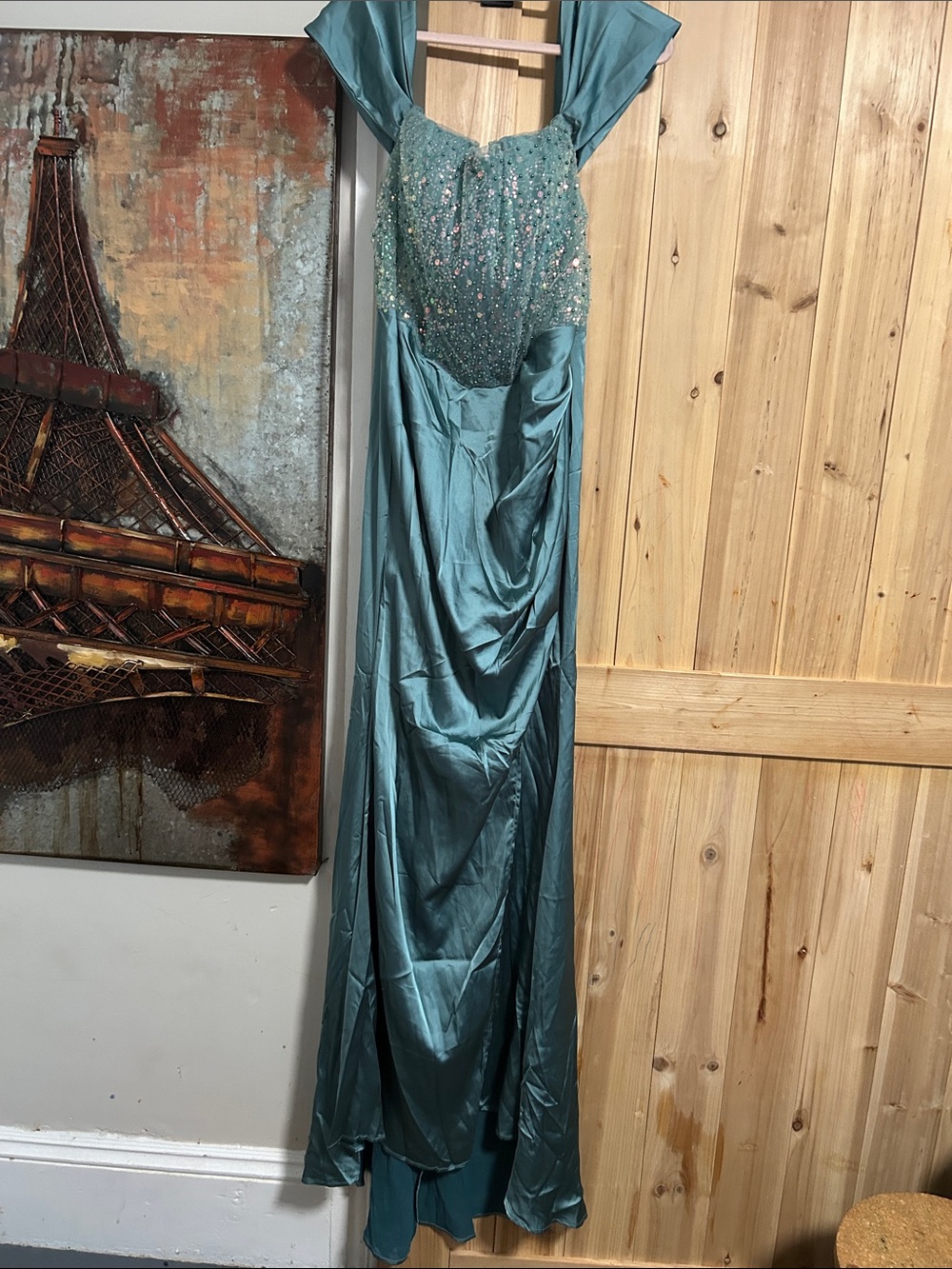 Teal Sequin Bodice Satin Evening Gown